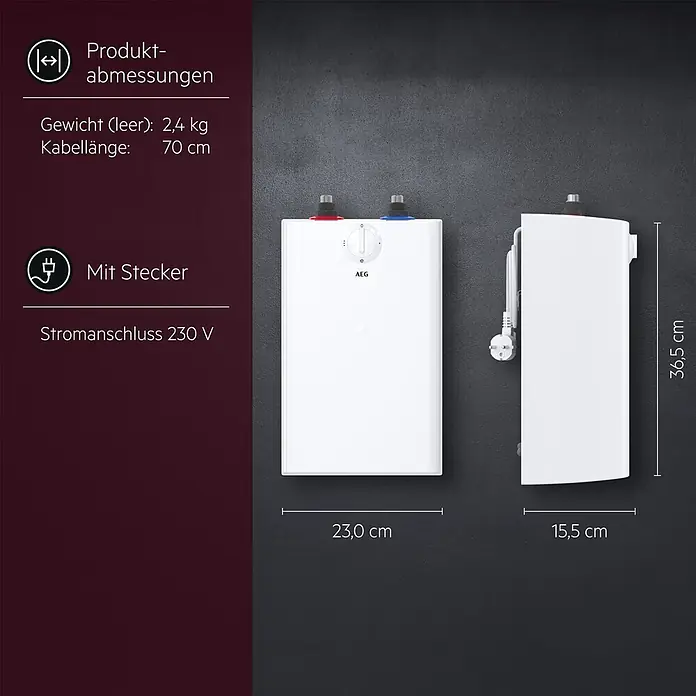 AEG Warmwasserspeicher U5 - 5 l, 2.000 W, Temperaturbereich: 30 °C - 85 °C, Untertischmontage - Weißer Durchlauferhitzer mit den Maßen 23,0 cm Breite, 36,5 cm Höhe und 15,5 cm Tiefe, mit Netzstecker abgebildet.