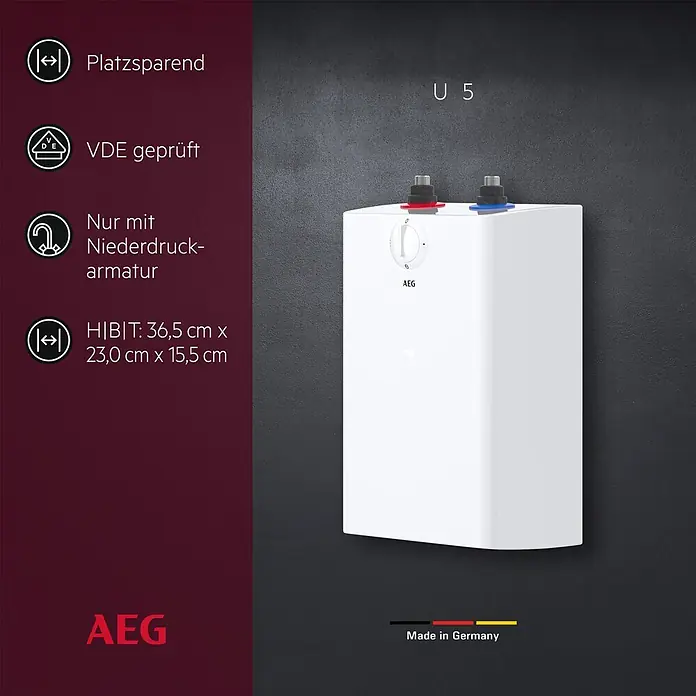 AEG Warmwasserspeicher U5 - 5 l, 2.000 W, Temperaturbereich: 30 °C - 85 °C, Untertischmontage - Kompakter weißer AEG U 5 Warmwasserspeicher mit Bedienknopf und farbigen Anschlüssen, für Niederdrucksysteme.