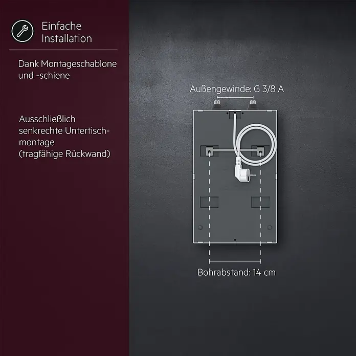 AEG Warmwasserspeicher U5 - 5 l, 2.000 W, Temperaturbereich: 30 °C - 85 °C, Untertischmontage - Rückansicht eines grau-weißen Untertischgeräts mit Montagehalterungen, Netzkabel und Außengewinde G 3/8 A. Bohrabstand 14 cm.