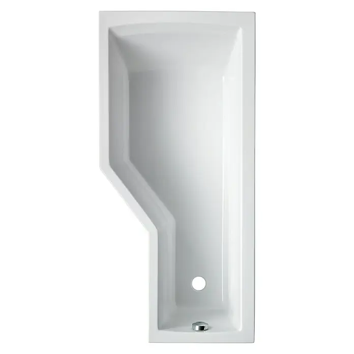 Ottofond Raumsparbadewanne Flint B - 150 x 75 cm, Sanitäracryl, Weiß, Links - Das Bild zeigt eine moderne, weiße Badewanne mit einer unregelmäßigen Form und einem Ablauf. Die Wanne ist sauber und einladend.