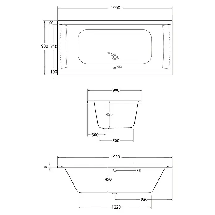 Ottofond Badewanne Palermo - 190 x 90 cm, Sanitäracryl, Weiß - Technische Zeichnung einer Badewanne mit Maßangaben zu Länge, Breite und Höhe für Installationszwecke.