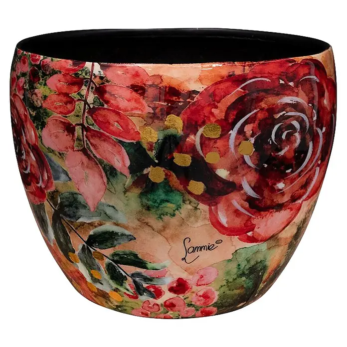 Ter Steege Übertopf rund Rose Rouge - Ø x H: 21 x 16 cm, Metall, Rot/Grün, Glänzend - Dekorativer Topf mit schwarzem Inneren und einem floralen Aquarellmuster aus roten Rosen, Blättern und Goldakzenten auf cremefarbenem Grund.