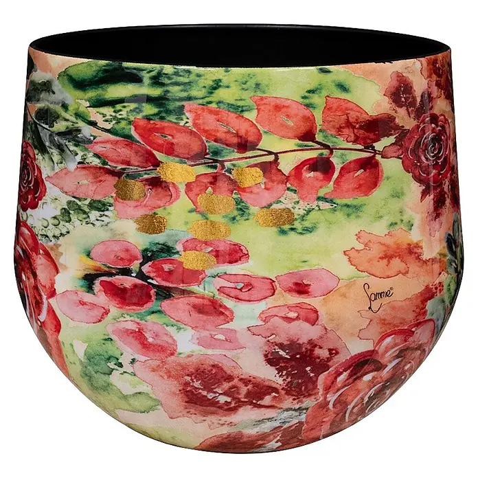 Ter Steege Übertopf rund Rose Rouge - 1 Stk., Außenmaß (Ø x H): 24 x 21 cm, Metall, Rot/Grün, Glänzend - Dekorative Glasvase mit aquarellartigem Blumen- und Blattmuster in Rot, Rosa und Grün, mit Goldakzenten.
