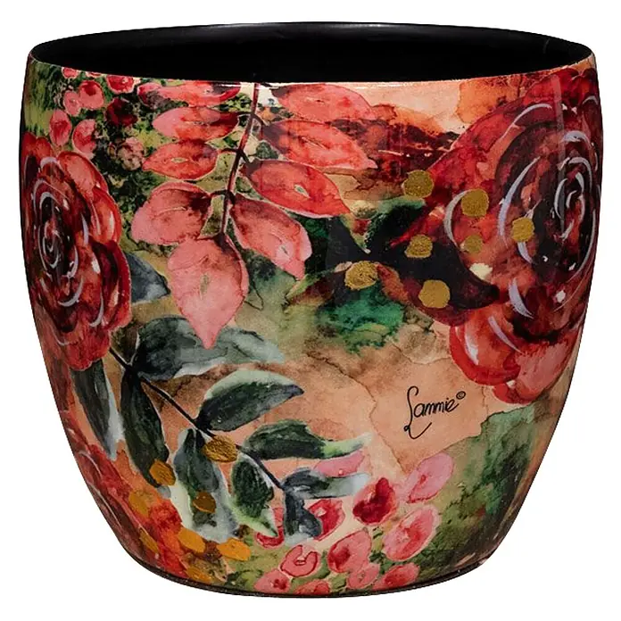 Ter Steege Übertopf rund Rose Rouge - Ø x H: 17 x 15 cm, Metall, Rot/Grün, Glänzend - Dekorativer Übertopf mit lebhaftem Aquarellmuster aus roten Rosen und grünem Laub, akzentuiert mit Goldsprenkeln. Innen schwarz.
