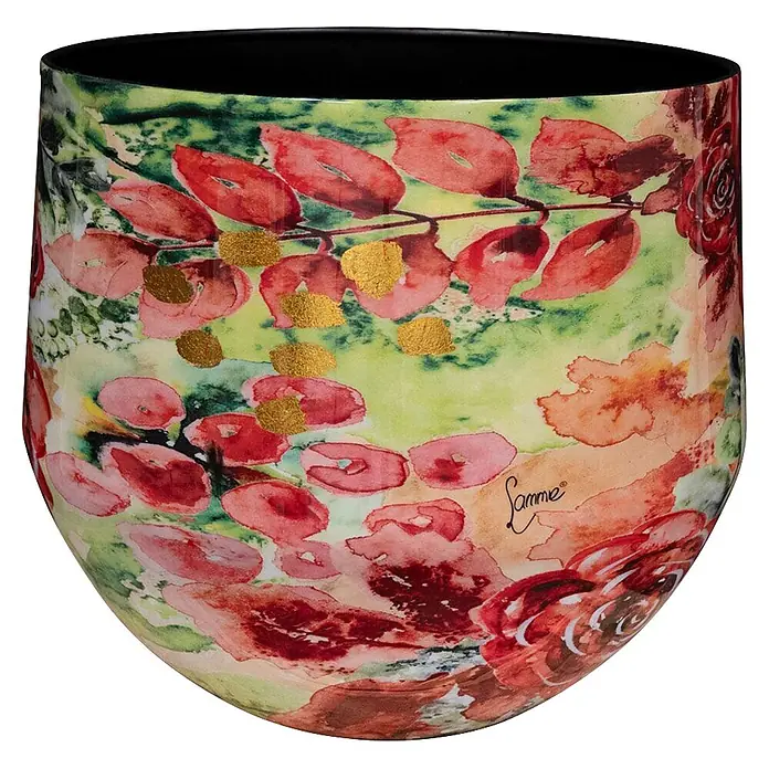 Ter Steege Übertopf rund Rose Rouge - 1 Stk., Außenmaß (Ø x H): 28 x 25 cm, Metall, Rot/Grün, Glänzend - Aquarell-Glasvase mit rotem und grünem Blumenmuster, Goldakzenten und schwarzem Rand.