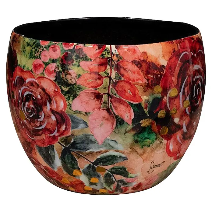 Ter Steege Übertopf rund Rose Rouge - Ø x H: 15 x 12 cm, Metall, Rot/Grün, Glänzend - Dekorative Schale mit lebhaftem Aquarell-Blumenmuster aus roten Rosen, rosa Blättern und Goldakzenten, mit schwarzer Innenseite.