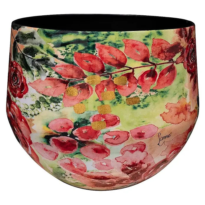 Ter Steege Übertopf rund Rose Rouge - 1 Stk., Außenmaß (Ø x H): 33 x 28 cm, Metall, Rot/Grün, Glänzend - Dekorative Vase mit floralem Aquarellmuster aus roten Blättern, grünem Hintergrund und goldenen Details, schwarzer Rand.