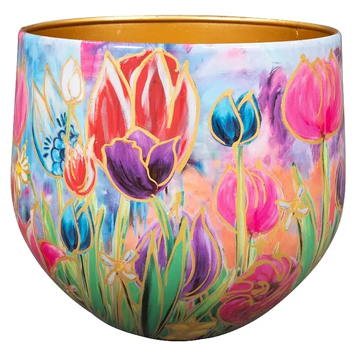 Ter Steege Übertopf rund Dutch Beauty - Ø x H: 24 x 21 cm, Metall, Rosa/Violett - Runde Dekoschale mit Goldrand und lebhaften, handbemalten Tulpen.