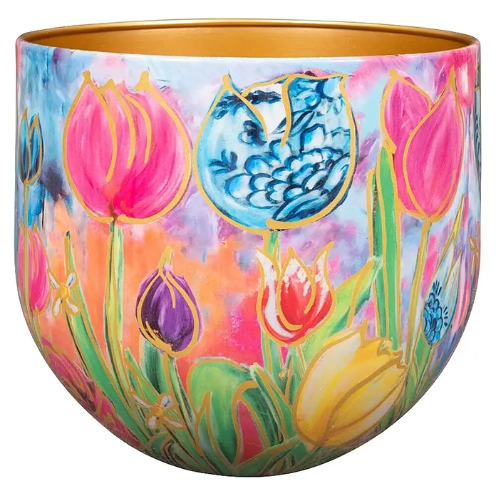 Ter Steege Übertopf rund Dutch Beauty - Ø x H: 28 x 25 cm, Metall, Rosa/Violett - Lebendig bemalte Schale mit bunten Tulpenmotiven, Goldrand.