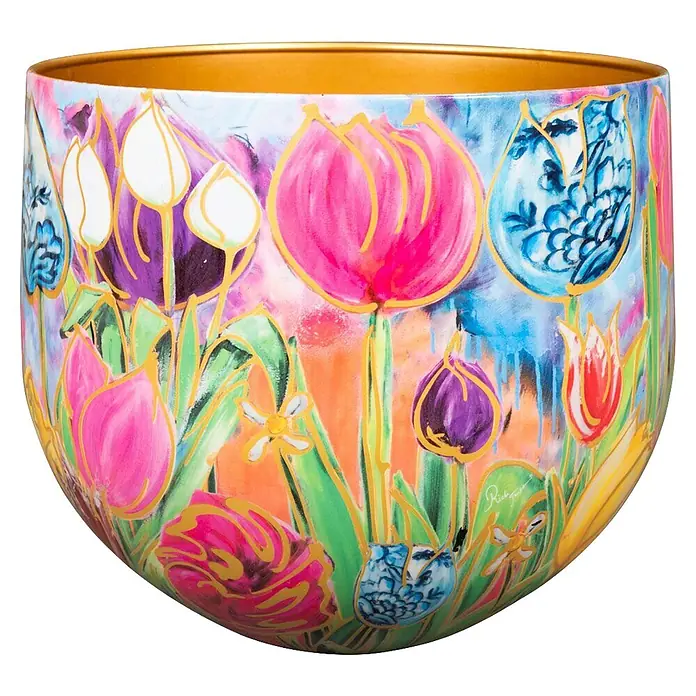 Ter Steege Übertopf rund Dutch Beauty - Ø x H: 33 x 28 cm, Metall, Rosa/Violett - Eine lebendige, weite Schale mit Goldrand und einem farbenfrohen, handgemalten Tulpenmuster.