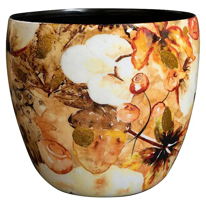 Ter Steege Übertopf rund Cotton Creme - Ø x H: 17 x 15 cm, Beige/Orange, Metall, Glänzend - Keramikbecher mit schwarzem Inneren, verziert mit einem Kunstgemälde aus Baumwollblüten, Blättern und Beeren in Erdtönen mit Goldakzenten.