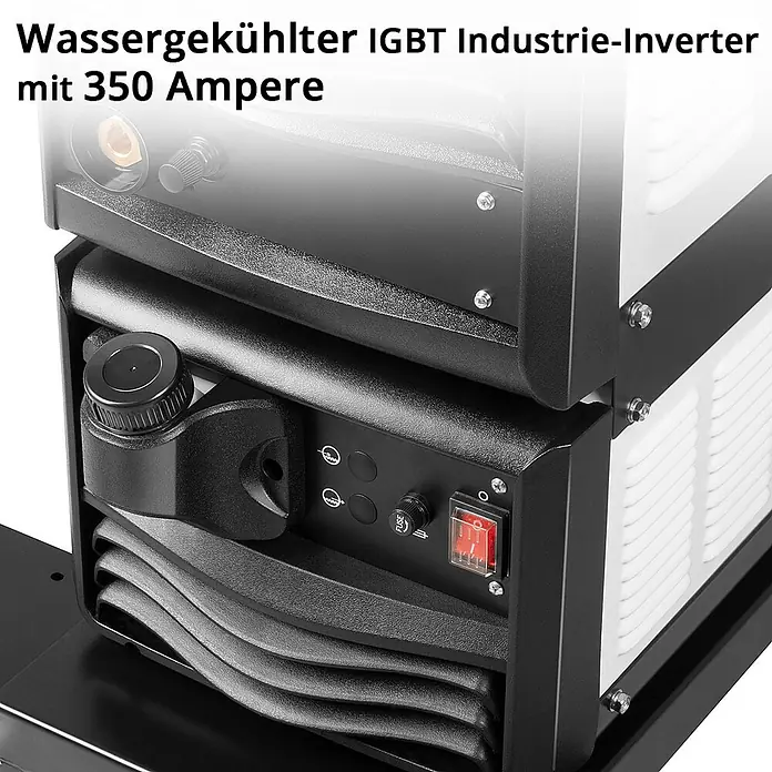 STAHLWERK MIG/MAG-Schweißgerät Industrie-Schweißgerät MIG MAG 350 DP IGBT Inverter - Schweißstrom: 40 A - 350 A, 400 V - Dunkelgrauer wassergekühlter IGBT Industrie-Inverter mit 350 Ampere, rotem Netzschalter und Sicherung.