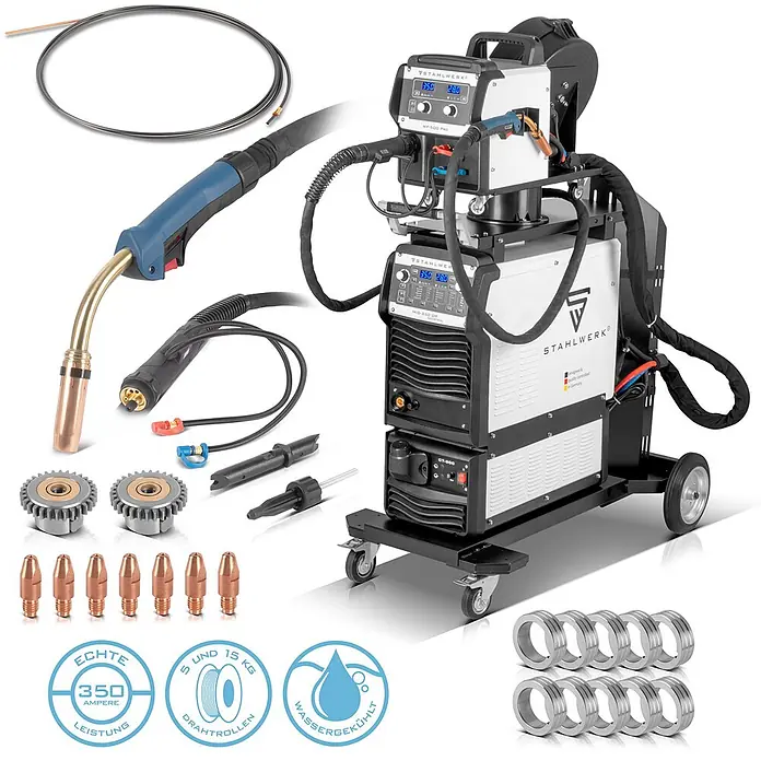 STAHLWERK MIG/MAG-Schweißgerät Industrie-Schweißgerät MIG MAG 350 DP IGBT Inverter - Schweißstrom: 40 A - 350 A, 400 V - Ein komplettes wassergekühltes 350-Ampere MIG/MAG-Schweißgerät mit separatem Drahtvorschubgerät, Schweißbrenner, Antriebsrollen, Stromdüsen und Zubehör.