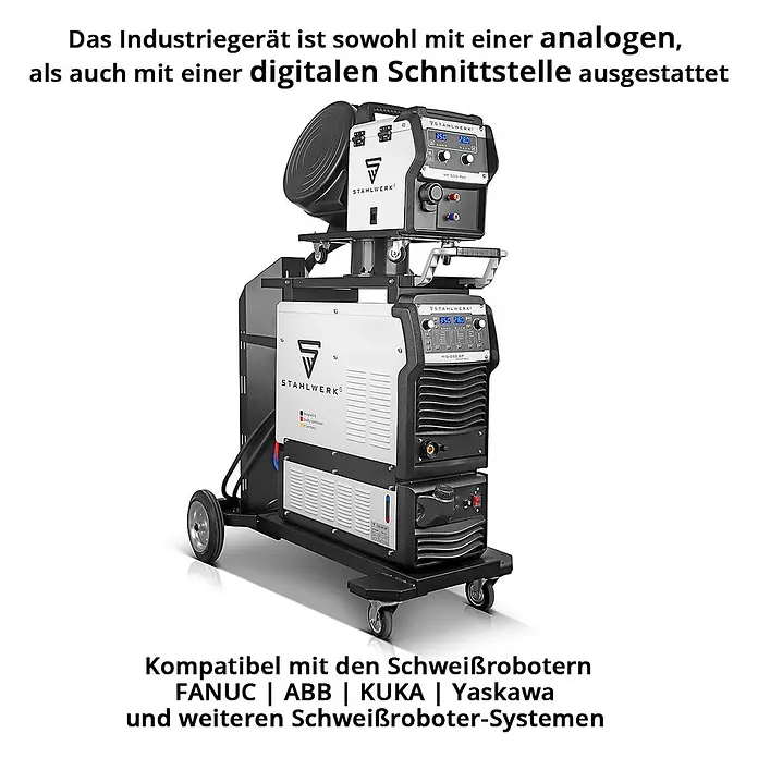 STAHLWERK MIG/MAG-Schweißgerät Industrie-Schweißgerät MIG MAG 350 DP IGBT Inverter - Schweißstrom: 40 A - 350 A, 400 V - Silber-schwarzes Industrieschweißgerät auf Rollwagen, mit digitalen Anzeigen und kompatibel mit Schweißrobotern.