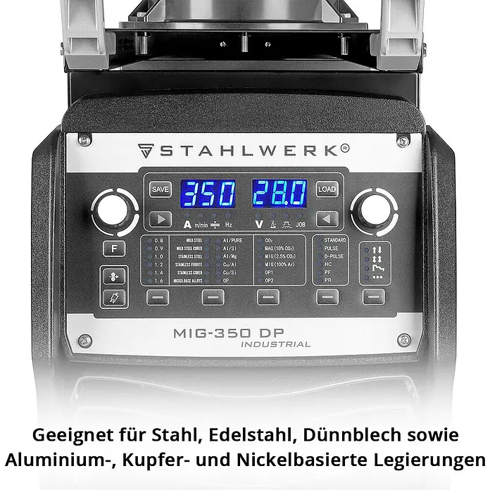 STAHLWERK MIG/MAG-Schweißgerät Industrie-Schweißgerät MIG MAG 350 DP IGBT Inverter - Schweißstrom: 40 A - 350 A, 400 V - Bedienfeld eines STAHLWERK MIG-350 DP Schweißgeräts, zeigt Einstellungen für Stahl, Alu, Kupfer und Nickellegierungen.