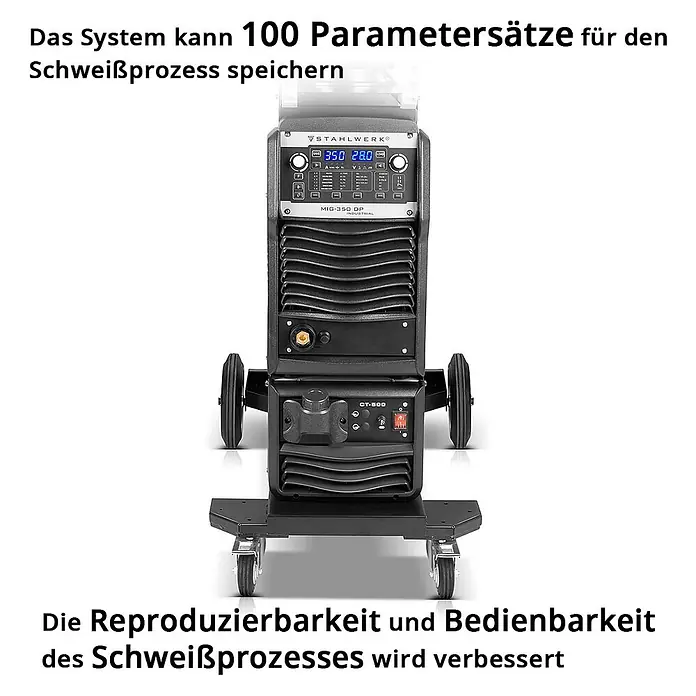 STAHLWERK MIG/MAG-Schweißgerät Industrie-Schweißgerät MIG MAG 350 DP IGBT Inverter - Schweißstrom: 40 A - 350 A, 400 V - Schwarzes industrielles Schweißgerät auf einem Rollwagen mit Digitalanzeige und Bedienfeldern.