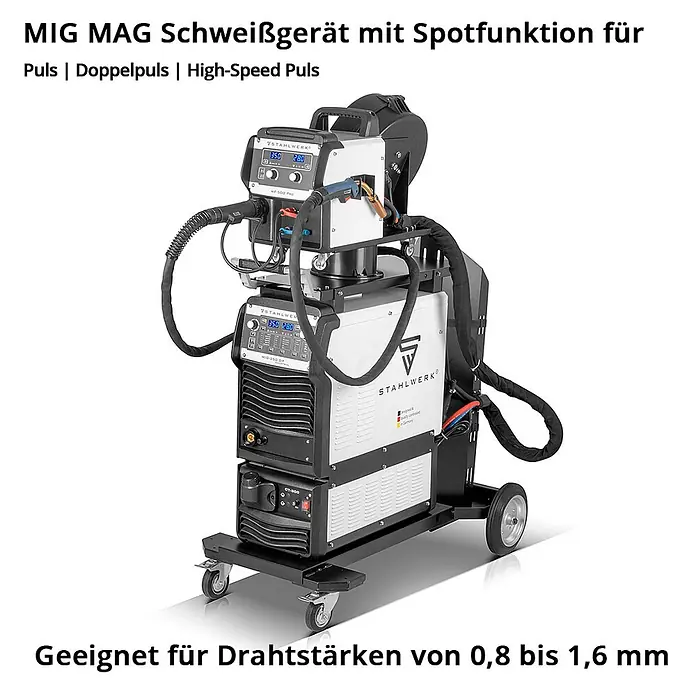 STAHLWERK MIG/MAG-Schweißgerät Industrie-Schweißgerät MIG MAG 350 DP IGBT Inverter - Schweißstrom: 40 A - 350 A, 400 V - Weiß-schwarzes MIG/MAG Schweißgerät mit Spot-, Puls- und Doppelpulsfunktion auf Rollwagen, geeignet für Drahtstärken 0,8-1,6mm.