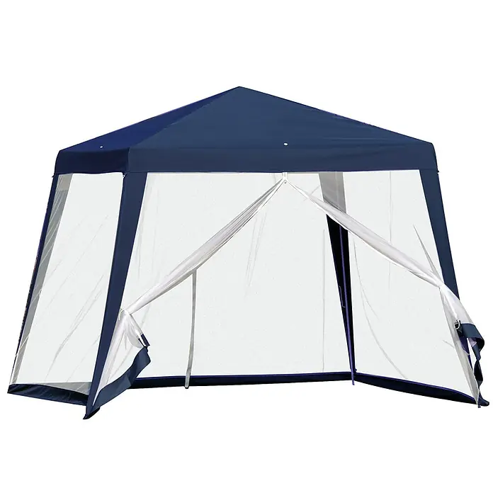 Outsunny Steckpavillon mit Insektenschutz - B x T: 3 m x 300 cm, Farbe Dach: Blau - Sechseckiger dunkelblauer Pavillon mit transparenten Netzseitenwänden und geöffnetem, mit weißem Stoff gebundenem Eingang.