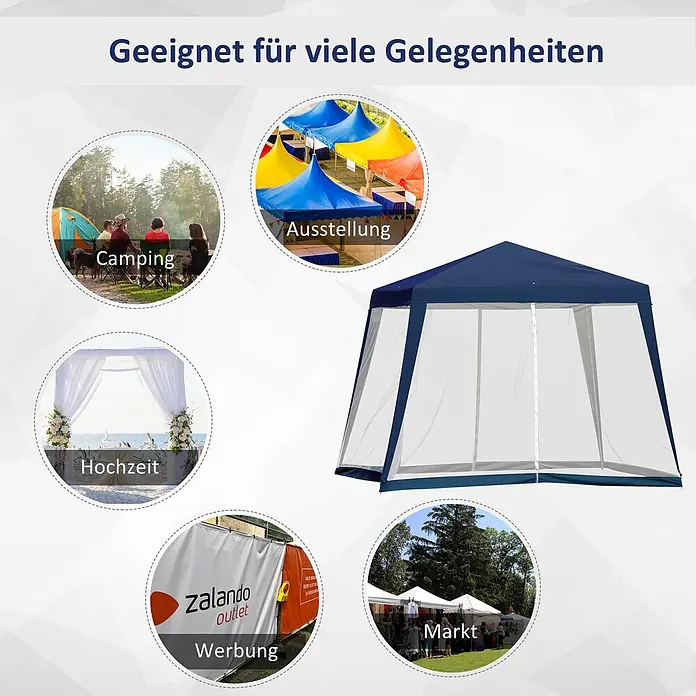 Outsunny Steckpavillon mit Insektenschutz - B x T: 3 m x 300 cm, Farbe Dach: Blau - Blauer Pavillon mit Netzseiten, präsentiert mit Anwendungsbeispielen für Camping, Ausstellung, Hochzeit, Werbung und Markt.