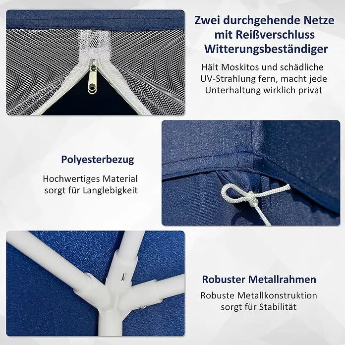 Outsunny Steckpavillon mit Insektenschutz - B x T: 3 m x 300 cm, Farbe Dach: Blau - Details eines blauen Pavillons: Reißverschlussnetz, strapazierfähiger Polyesterbezug, robuster Rahmen.