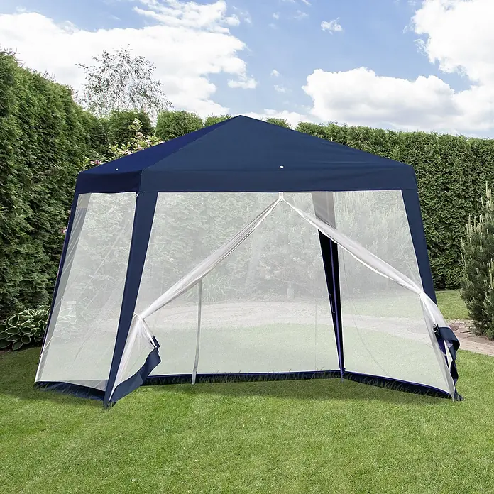 Outsunny Steckpavillon mit Insektenschutz - B x T: 3 m x 300 cm, Farbe Dach: Blau - Dunkelblaues Partyzelt mit weißen Insektenschutznetzen.