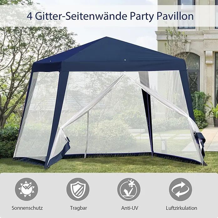Outsunny Steckpavillon mit Insektenschutz - B x T: 3 m x 300 cm, Farbe Dach: Blau - Dunkelblauer Party-Pavillon mit vier transparenten Gitter-Seitenwänden.