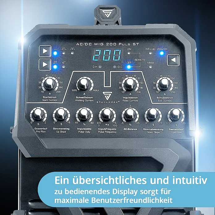 STAHLWERK WIG-Schweißgerät AC/DC WIG 200 Puls ST WIG-Schweißgerät - Schweißstrom: 200 A, 230 V - Graues und schwarzes AC/DC WIG-Schweißgerät-Bedienfeld mit Digitalanzeige '200' und beleuchteten Knöpfen zur Einstellung der Schweißparameter.