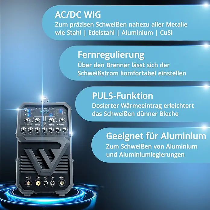 STAHLWERK WIG-Schweißgerät AC/DC WIG 200 Puls ST WIG-Schweißgerät - Schweißstrom: 200 A, 230 V - Graues und schwarzes AC/DC WIG-Schweißgerät mit Display und Bedienelementen, geeignet für verschiedene Metalle, inklusive Aluminium.