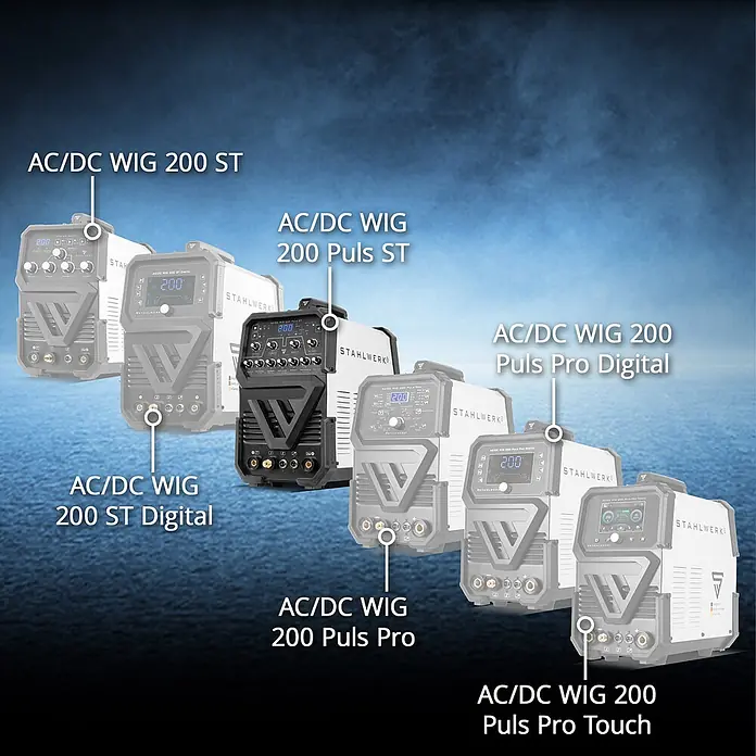 STAHLWERK WIG-Schweißgerät AC/DC WIG 200 Puls ST WIG-Schweißgerät - Schweißstrom: 200 A, 230 V - Eine Reihe AC/DC WIG-Schweißgeräte, meist grau/weiß mit einem schwarzen Modell, die verschiedene Bedienfelder zeigen.