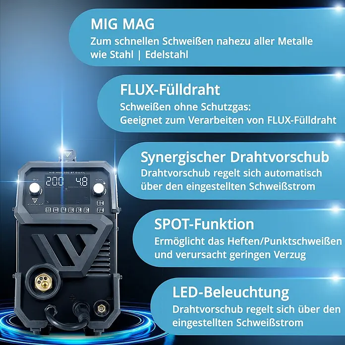STAHLWERK MIG/MAG-Schweißgerät Schweißgerät MIG MAG 200 ST Digital - Schweißstrom: 200 A, 230 V - Dunkelgraues MIG MAG Schweißgerät mit Digitalanzeige, das Funktionen wie Fülldrahtschweißen und synergischen Drahtvorschub hervorhebt.