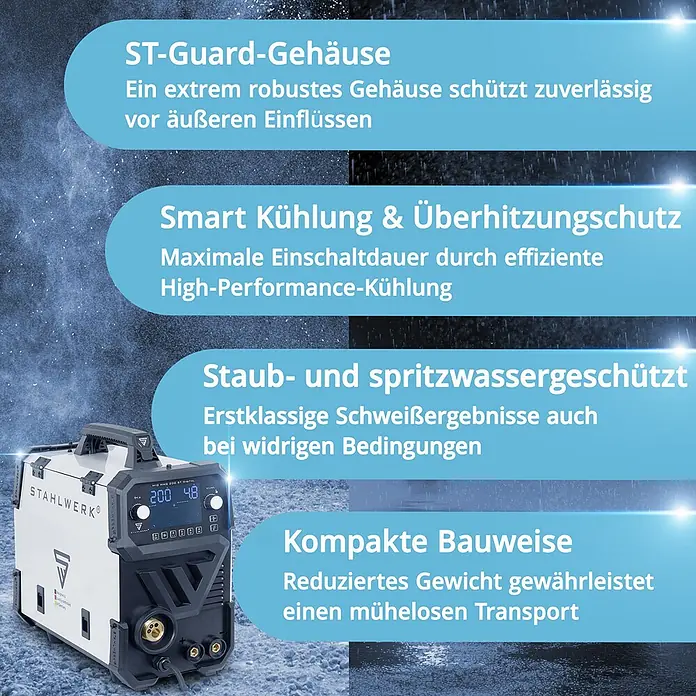 STAHLWERK MIG/MAG-Schweißgerät Schweißgerät MIG MAG 200 ST Digital - Schweißstrom: 200 A, 230 V - Weiß-schwarzes Schweißgerät mit Digitalanzeige und robustem, kompaktem Gehäuse für den professionellen Einsatz.