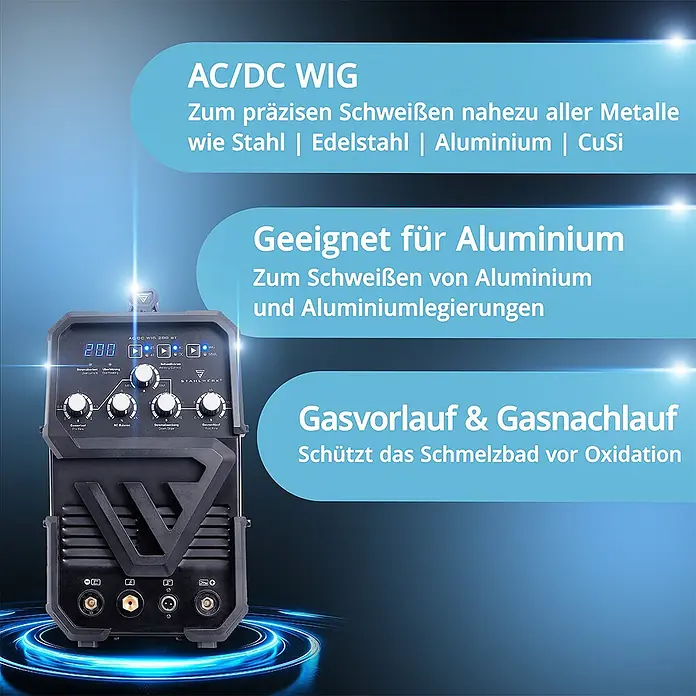 STAHLWERK Kombi-Schweißgerät Kombi Schweißgerät AC/DC WIG 200 ST IGBT - Schweißstrom: 200 A - Schwarzes AC/DC WIG-Schweißgerät mit Display und Reglern, präzises Schweißen von Stahl, Alu & Legierungen, mit Gasvor-/Nachlauf zum Schutz des Schmelzbades.