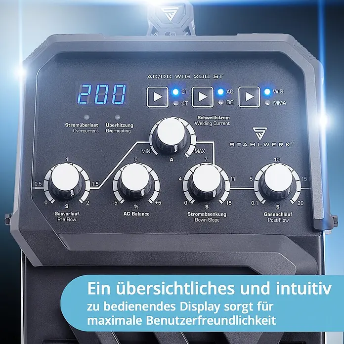 STAHLWERK Kombi-Schweißgerät Kombi Schweißgerät AC/DC WIG 200 ST IGBT - Schweißstrom: 200 A - Nahaufnahme des dunkelgrauen Bedienfelds einer STAHLWERK AC/DC WIG 200 ST Schweißmaschine mit blauem Digitaldisplay und Einstellknöpfen.