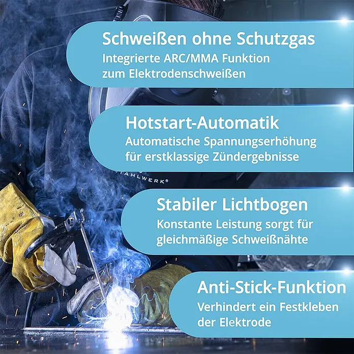 STAHLWERK Kombi-Schweißgerät Kombi Schweißgerät AC/DC WIG 200 ST IGBT - Schweißstrom: 200 A - Ein Schweißer führt Elektrodenschweißen durch, mit Text-Overlays zu Schutzgas-freiem Schweißen, Hotstart, stabilem Lichtbogen und Anti-Stick-Funktion.