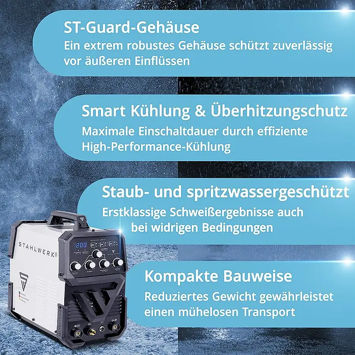 STAHLWERK Kombi-Schweißgerät Kombi Schweißgerät AC/DC WIG 200 ST IGBT - Schweißstrom: 200 A - Eine weiße und schwarze STAHLWERK Schweißmaschine mit Digitalanzeige, die ihr robustes, kompaktes und staub-/spritzwassergeschütztes Design zeigt.