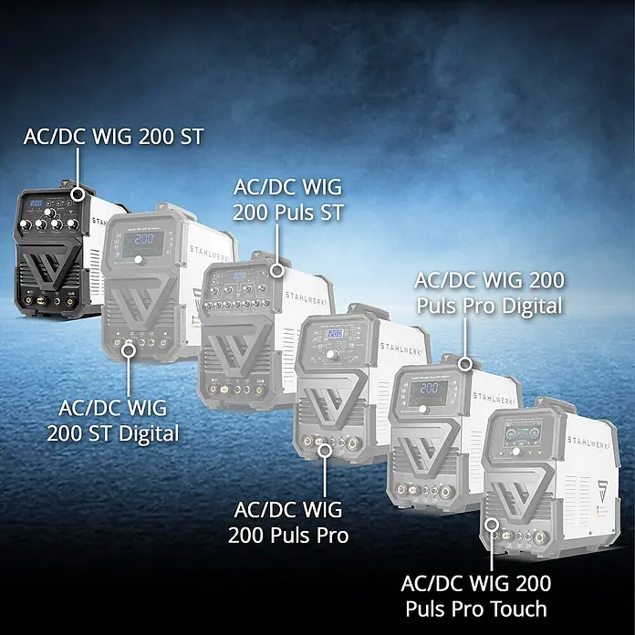 STAHLWERK Kombi-Schweißgerät Kombi Schweißgerät AC/DC WIG 200 ST IGBT - Schweißstrom: 200 A - Eine Reihe von sechs AC/DC WIG 200 Schweißgeräten in Schwarz und Weiß/Grau, die verschiedene Digital- und Pulsmodelle zeigen.
