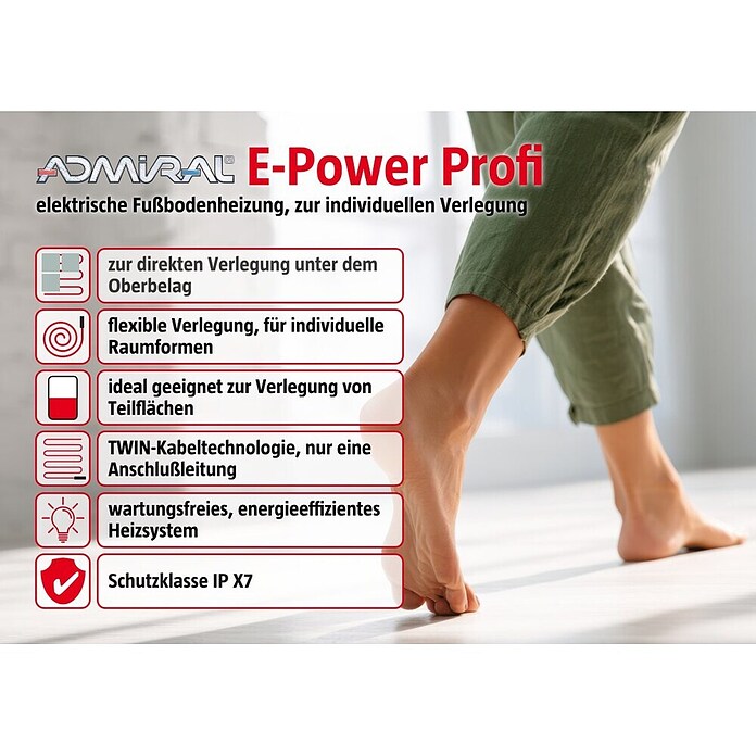 Admiral E-Power Fußbodenheizung Profi (15 m, Beheizbare Fläche: 1,5 m², 135 W/m²)