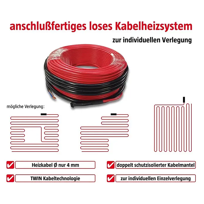 Admiral E-Power Fußbodenheizung Profi - 150 m, Beheizbare Fläche: 12,5 m², 1.800 W - Anschlussfertiges rotes/schwarzes Heizkabel (4 mm Ø) mit TWIN-Technologie und doppelter Schutzisolierung, gezeigt mit Verlegebeispielen für individuelle Installation.
