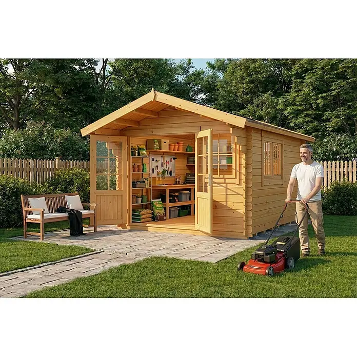 Alpholz Gartenhaus ECO Set Gabriel 300 x 400 cm imprägniert - Außenmaß inkl. Dachüberstand (B x T): 338 x 467 cm, Holz, Pinie - Geräteschuppen aus Holz mit geöffneten Türen, der Regale und Werkzeuge zeigt. Ein Mann mäht den Rasen im Garten.