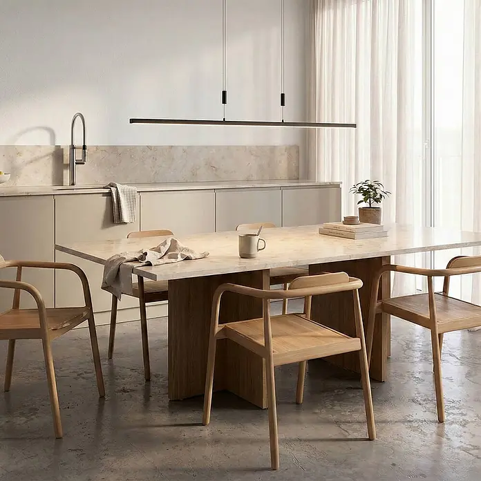 Lindby Pendelleuchte Arneja - L x B x H: 120 x 3,5 x 2 cm, schwarz, Schwarz matt - Schwarze lineare Pendelleuchte beleuchtet einen modernen Esstisch in einer zeitgenössischen Küche.