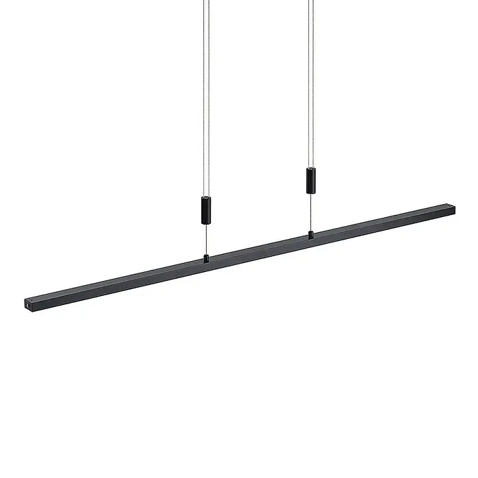 Lindby Pendelleuchte Arneja - L x B x H: 120 x 3,5 x 2 cm, schwarz, Schwarz matt - Schwarze, lineare LED-Pendelleuchte, aufgehängt an zwei dünnen Drähten mit zylindrischen Einstellern.