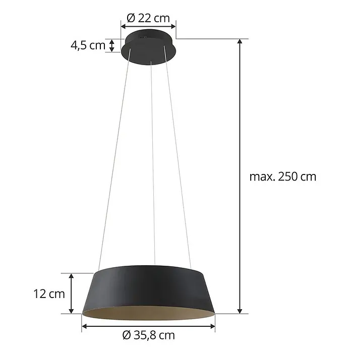 Lucande Pendelleuchte Belsar - L x B x H: 35,8 x 35,8 x 12 cm, schwarz, Schwarz, gold - Stilvolle schwarze Pendelleuchte mit konischem Schirm und goldenem Inneren, an einer runden Deckenhalterung hängend, Maße werden gezeigt.