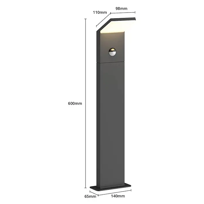 Lucande Außenlaterne Nevio -  - Dunkelgraue rechteckige LED-Pollerleuchte mit Bewegungsmelder, 600mm hoch, oben 110x98mm, Basis 140x65mm.