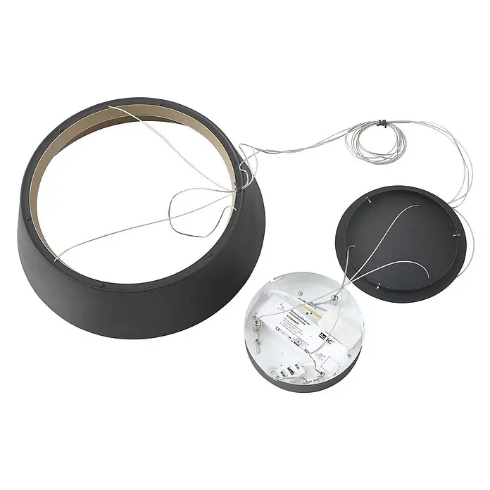 Lucande Pendelleuchte Belsar - L x B x H: 35,8 x 35,8 x 12 cm, schwarz, Schwarz, gold - Zerlegte schwarze, dimmbare LED-Pendelleuchte mit rundem Schirm, Treiber, Deckenrosette und Aufhängedrähten.