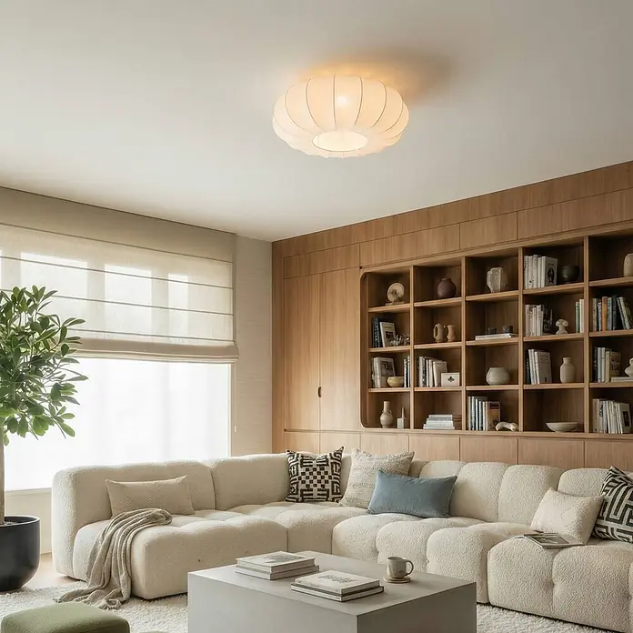 Lindby Deckenlampe in weiß, Deckenleuchte -  - Cremefarbene plissierte Stoffdeckenleuchte beleuchtet ein modernes Wohnzimmer.