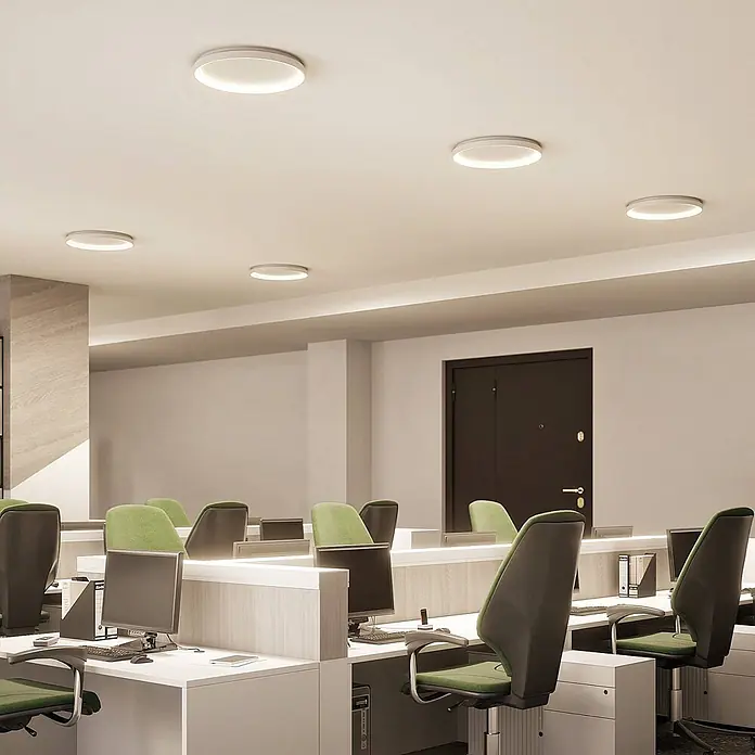 Arcchio Deckenleuchte Vivy - L x B x H: 58 x 58 x 6 cm, weiß / opal, weiß / opal - Weiße runde LED-Deckenleuchten erhellen ein modernes Bürozimmer.