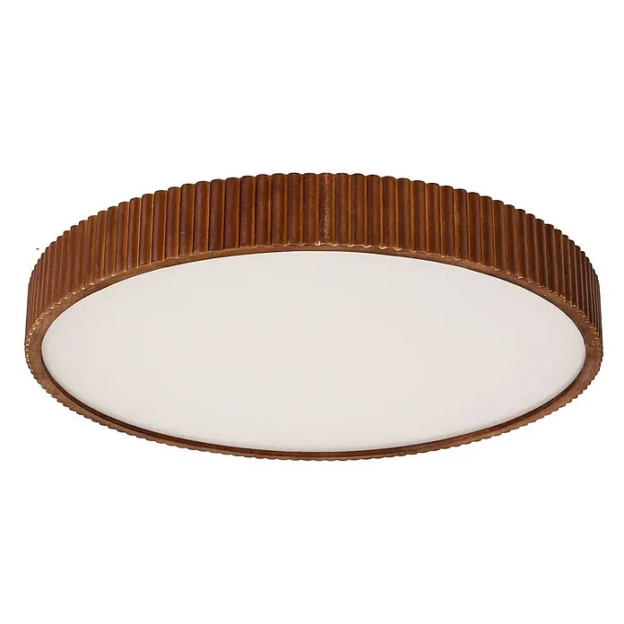 Lindby Deckenleuchte Velua - L x B x H: 50 x 50 x 10 cm, Holz dunkel - Runde Deckenleuchte mit geriffeltem antik-messingfarbenem Rahmen und weißem Diffusor.