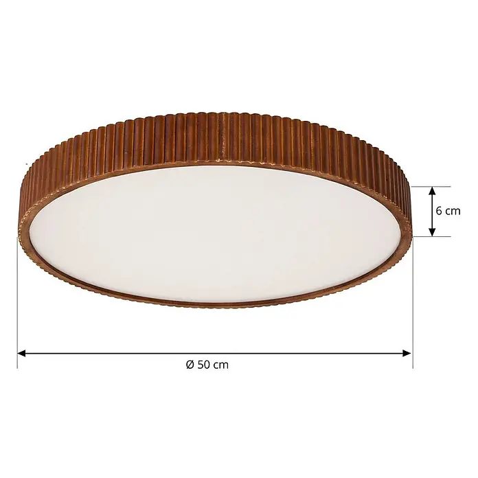 Lindby Deckenleuchte Velua - L x B x H: 50 x 50 x 10 cm, Holz dunkel - Runde Deckenleuchte mit geripptem, bronzefarbenem Metallrahmen und weißem Diffusor, Ø 50 cm, 6 cm hoch.