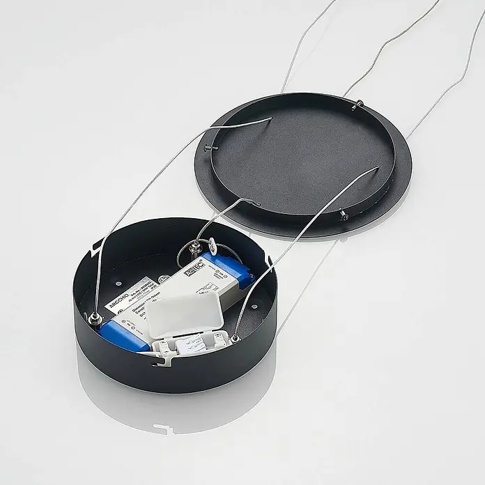 Arcchio Pendelleuchte Albiona - schwarz, Schwarz, weiß - Offenes, schwarzes, rundes Leuchtengehäuse mit internem LED-Treiber und Aufhängungskabeln.