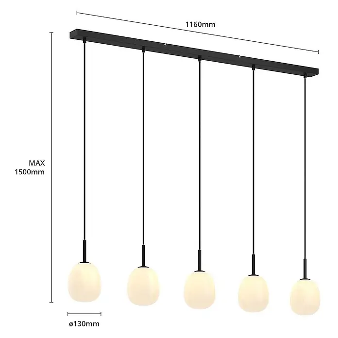 Lindby Pendelleuchte Etiena - L x B x H: 116 x 13 x 15 cm, opalweiß, Schwarz matt, G9 - Schwarze lineare Pendelleuchte mit fünf weißen Glaskugeln, max. 1500mm Höhe, 1160mm Länge.